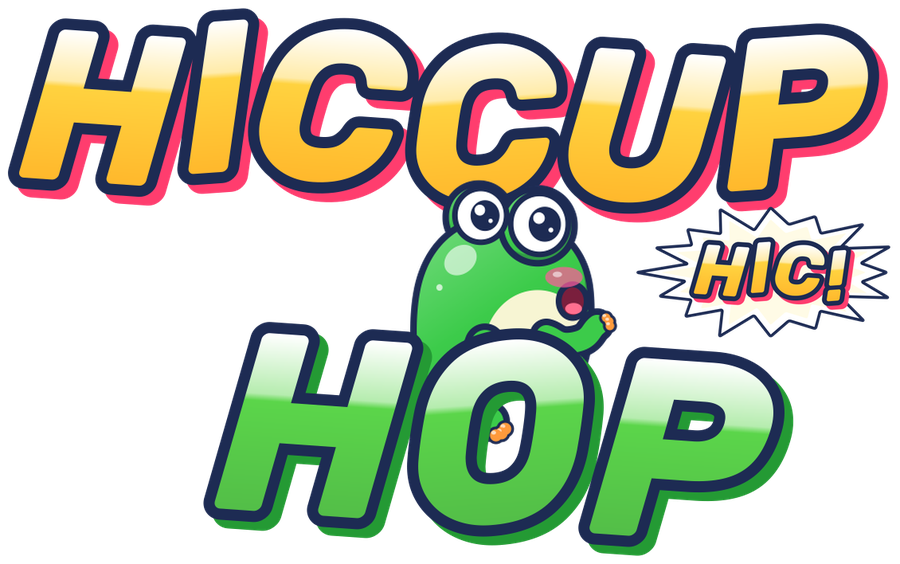 Hiccup Hop logo: Hoppy the frog hiccuping out of the word HOP